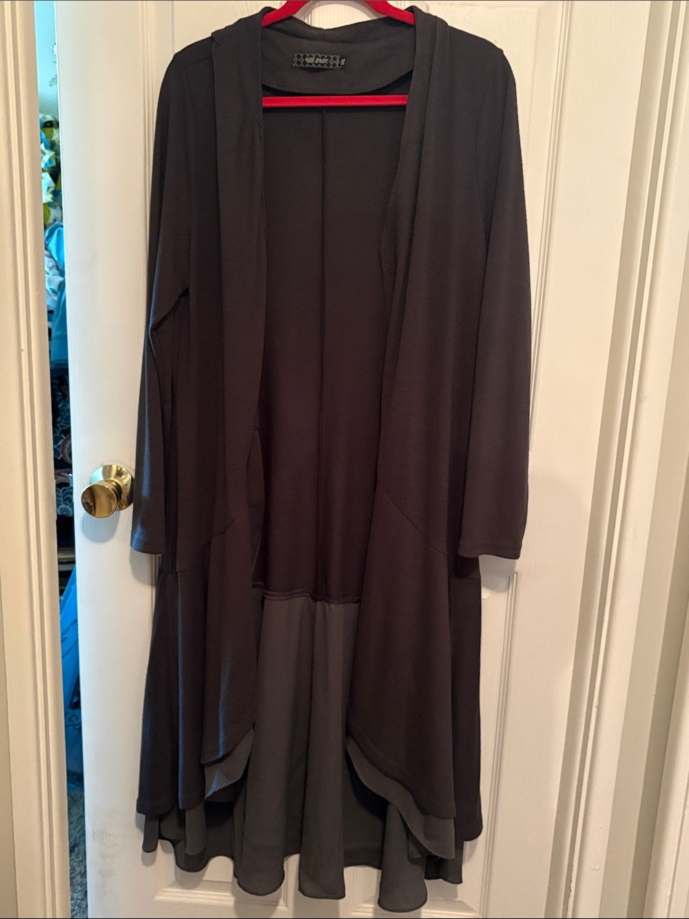 Ice silk Long grey Open Front Cardigan with Layered Hem